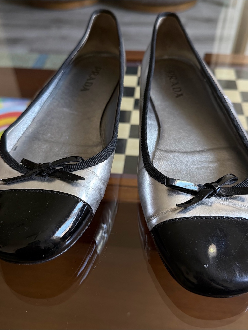 PRADA • metallic silver bow cap toe ballet flats - Picture 2 of 11